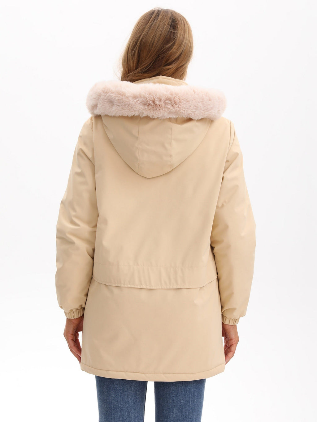 With Fur Collar Hooded For Warmth Drawstring Pocket Down Jacket