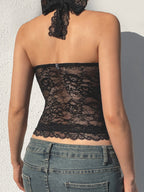 Lace Halter Neck Strap Pleated Backless Tank Tops