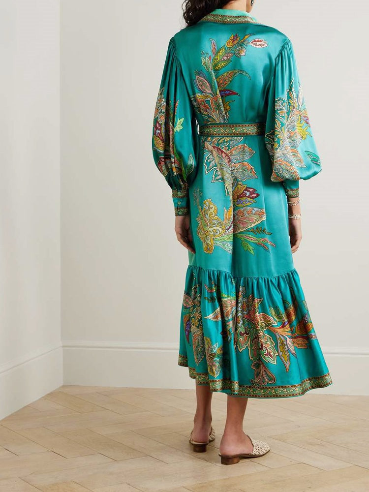 Paisley Print Collar Lantern Sleeve Tie Waist Tiered Midi Dress