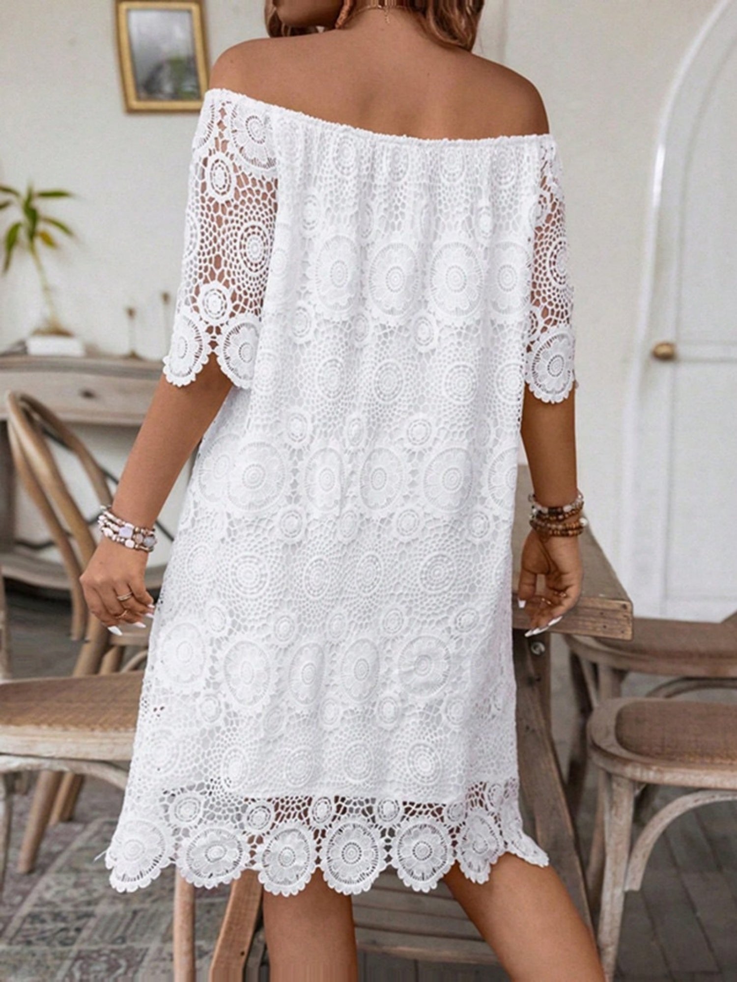 Lace Cutout Embroidered Lace Off-shoulder Mini&Short Dresses