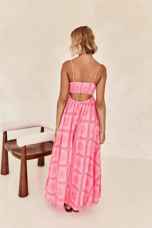 Square Neck Spaghetti Strap Graphic Print Empire Waist Maxi Dress