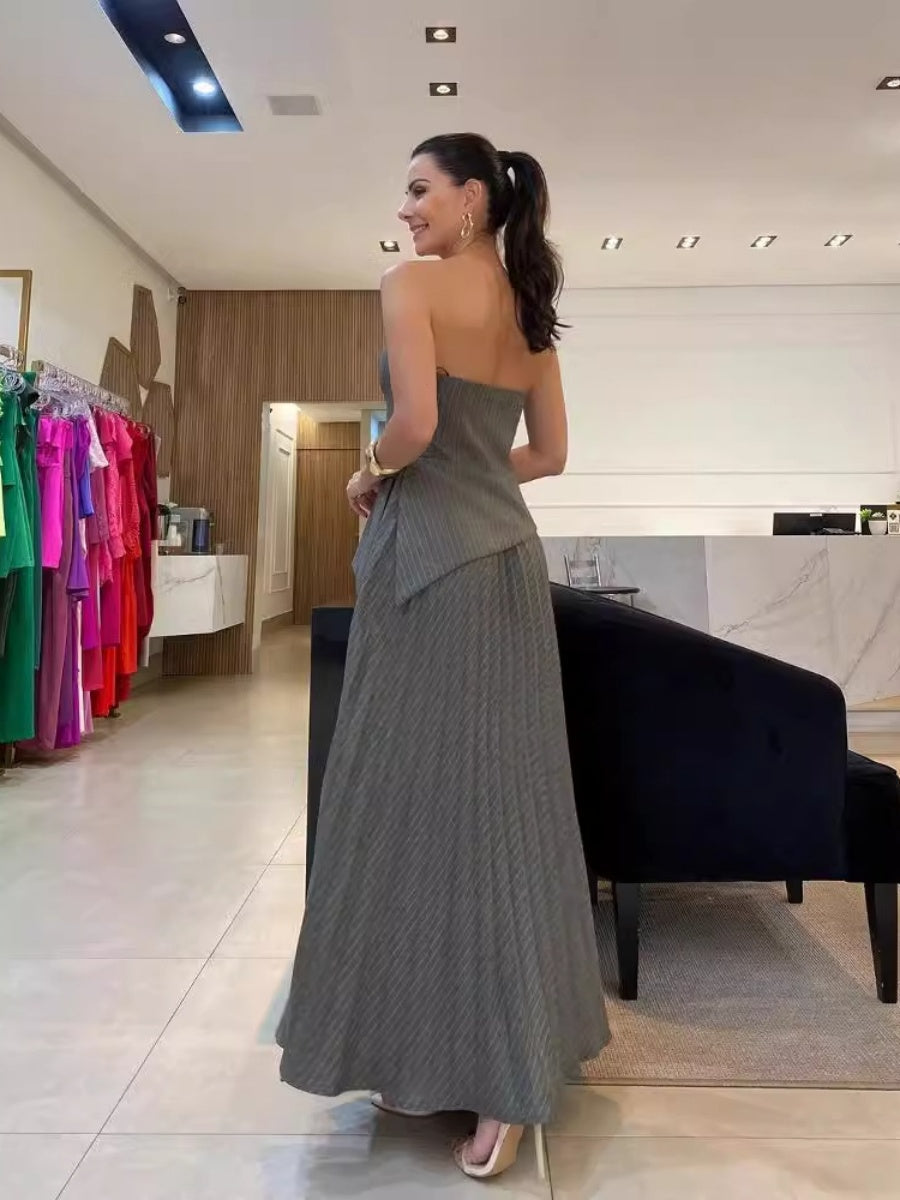 Strapless Irregular Hem Pleated Midi Skirt Temperament Grace Set 2-piece Sets