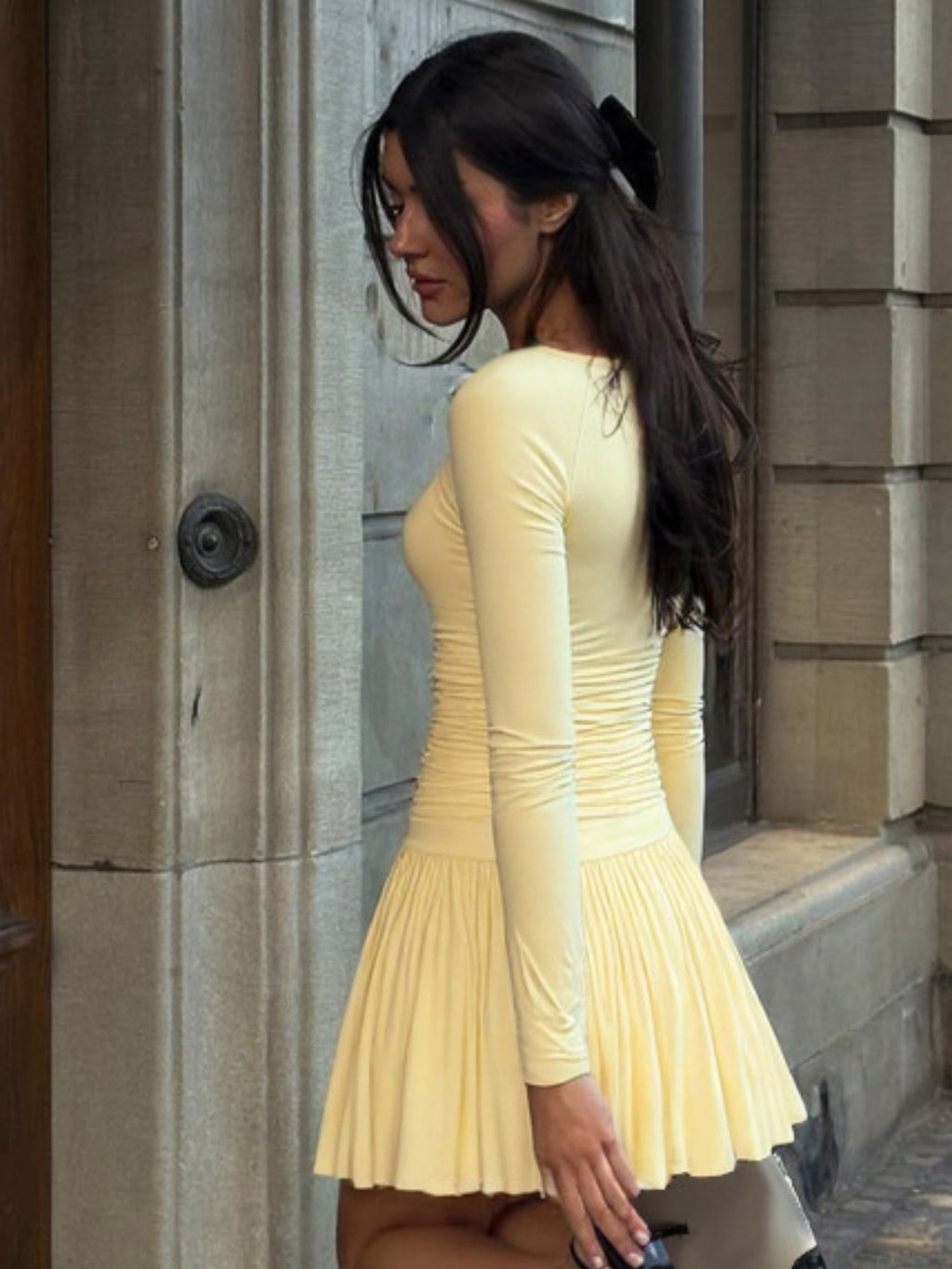 Pleated V-neck Long Sleeve Mini&Short Dresses