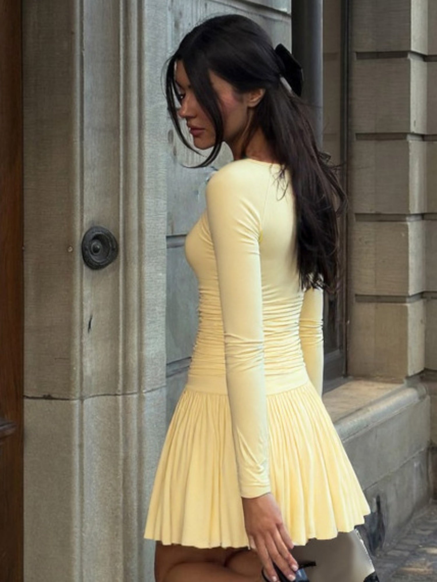 Pleated V-neck Long Sleeve Mini&Short Dresses