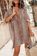 Print Button Front Roll Sleeve Shirt Mini Dress