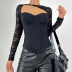 Crewneck long sleeve lace hollow out corset cut out top  | Festival Outfits Women