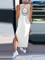 Simple Solid Color Sleeveless Long Dress With Openwork Floral Pattern On The Back
