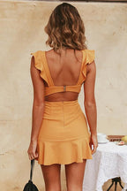 Ruffle Shoulder Flounce Hem Back Cutout Mini Dress