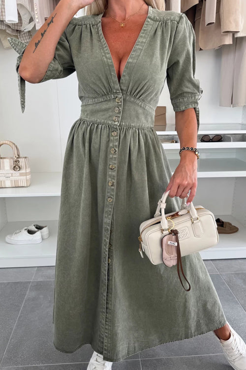 Denim Deep V-Neck Puff Sleeve Button Front Split Midi Dress