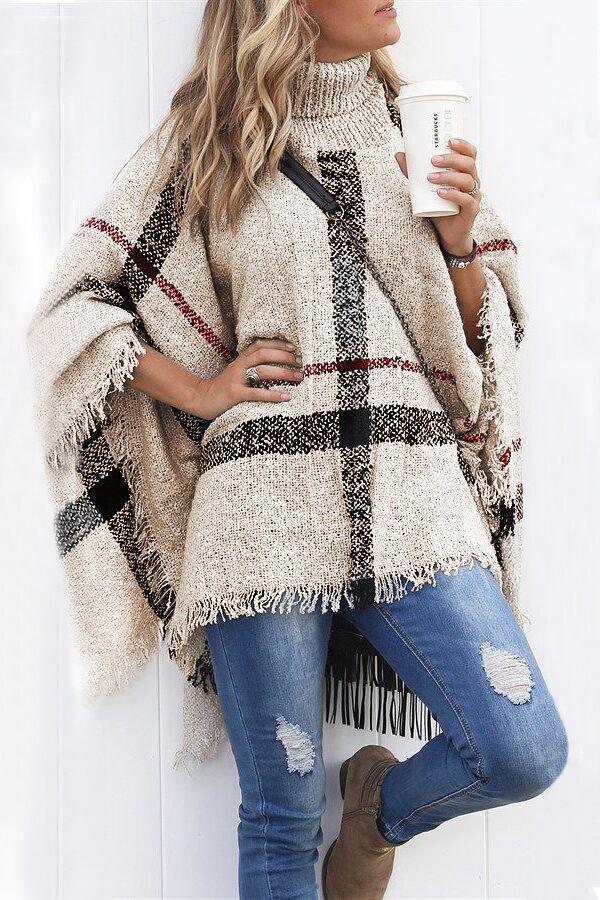 Tassel Color Block Classic Cloak Poncho Sweater