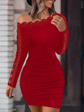 Lace-trimmed Off-the-shoulder Bodycon Sexy Long-sleeved Short Dress