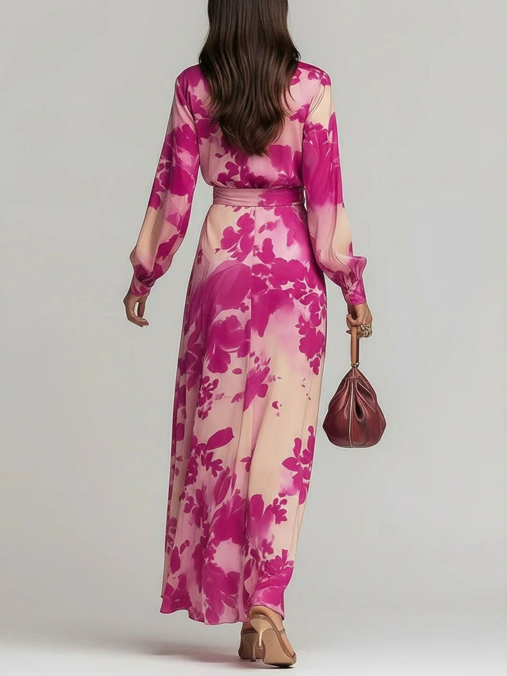 Floral Chiffon Long-sleeved V-neck Tie-waist Maxi Dress