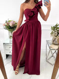 Sloping Shoulders Ruffle Slit Parties Maxi Dresses