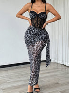 Leopard Print Lace Patchwork See-through Fishbone Pleated Ribbons Maxi Dresses