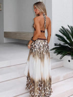 Halter Leopard Print Splicing Backless Beading Maxi Dresses