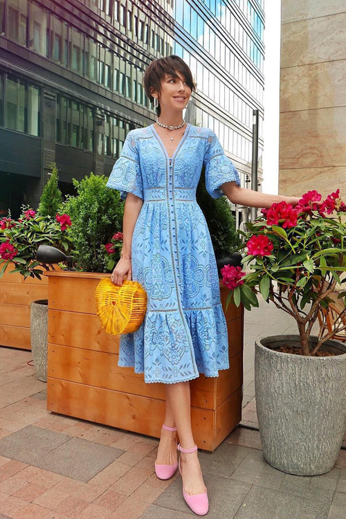 V Neck Button Front Floral Lace Bell Sleeve Tiered Midi Dress