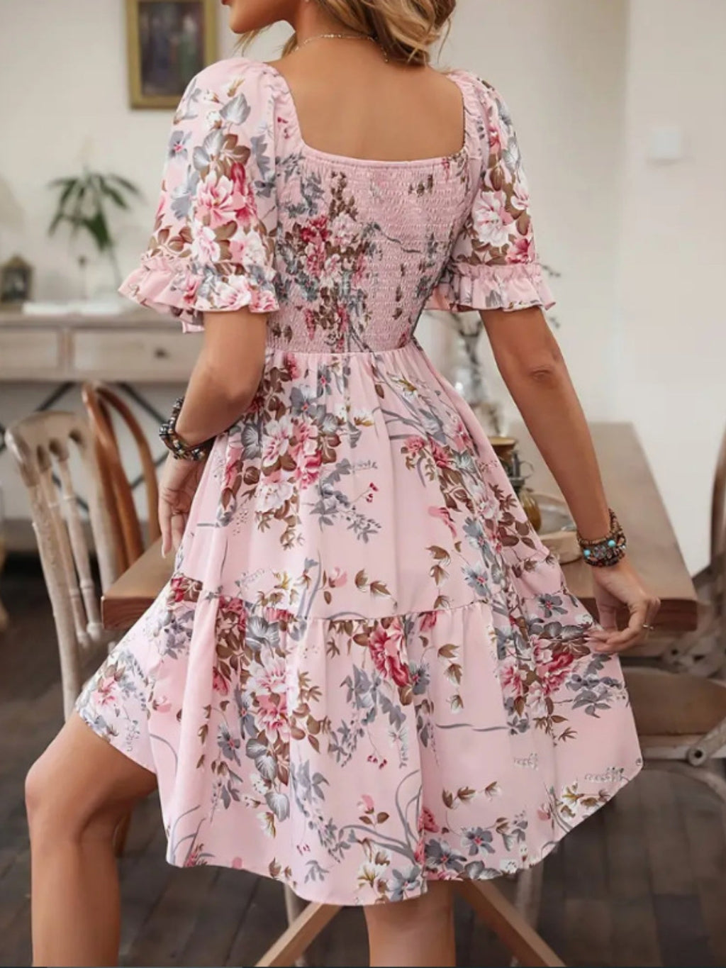 Printed Pleated Square Neck Short Sleeve Mini&Short Dresses