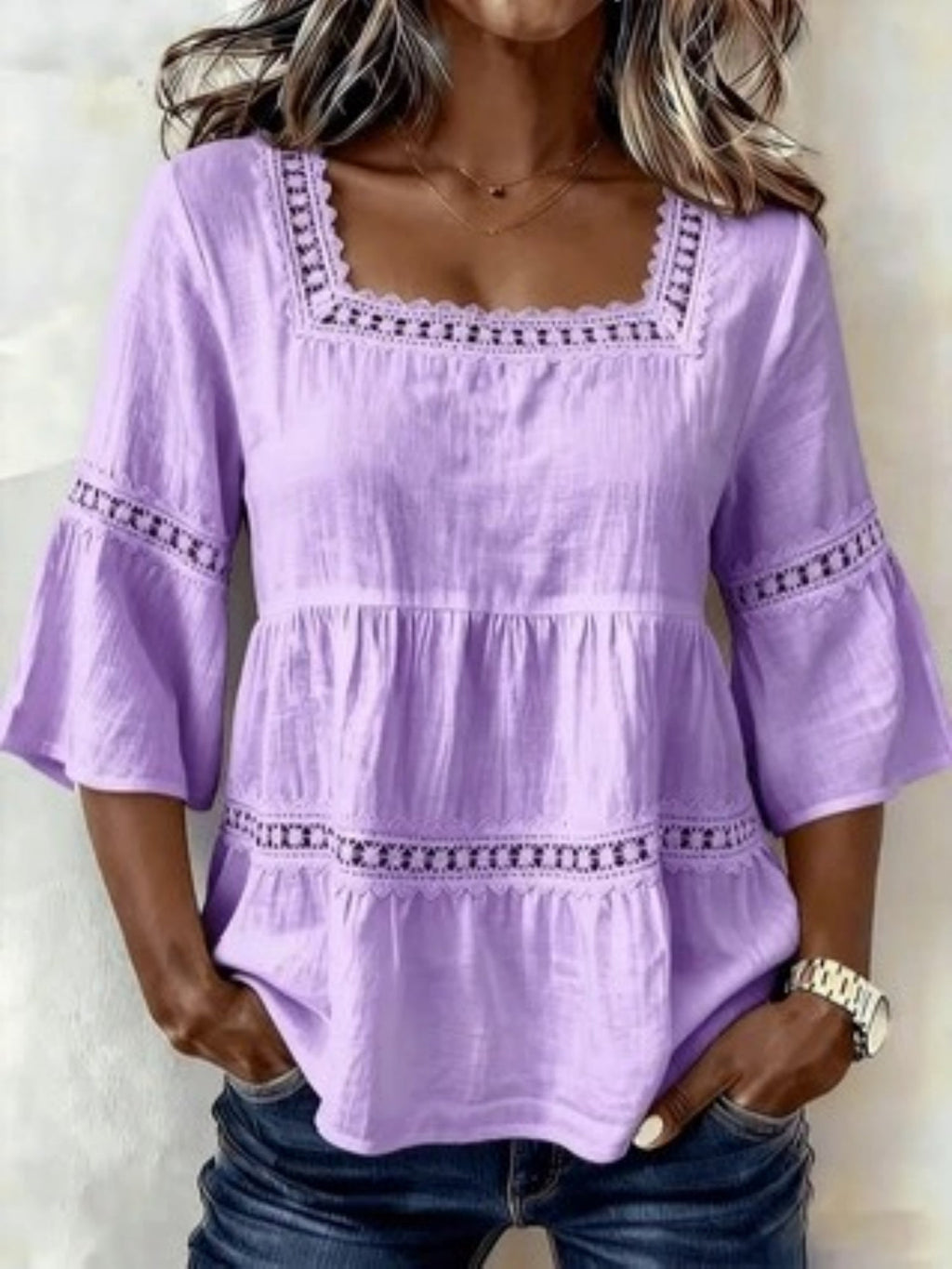 Lace Patchwork Cotton And Linen Square Neckline And Three-quarter Sleeves T-shirts