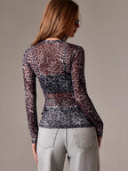 Pullover Mesh Round Neck Leopard Printed Slim Fit Slimming T-shirt Mesh/sheer Top