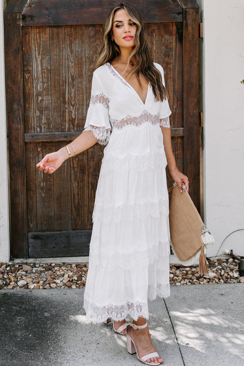 Deep V Neck Lace Trim Tiered Layered Ruffle Midi Dress