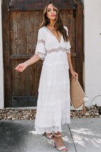 Deep V Neck Lace Trim Tiered Layered Ruffle Midi Dress