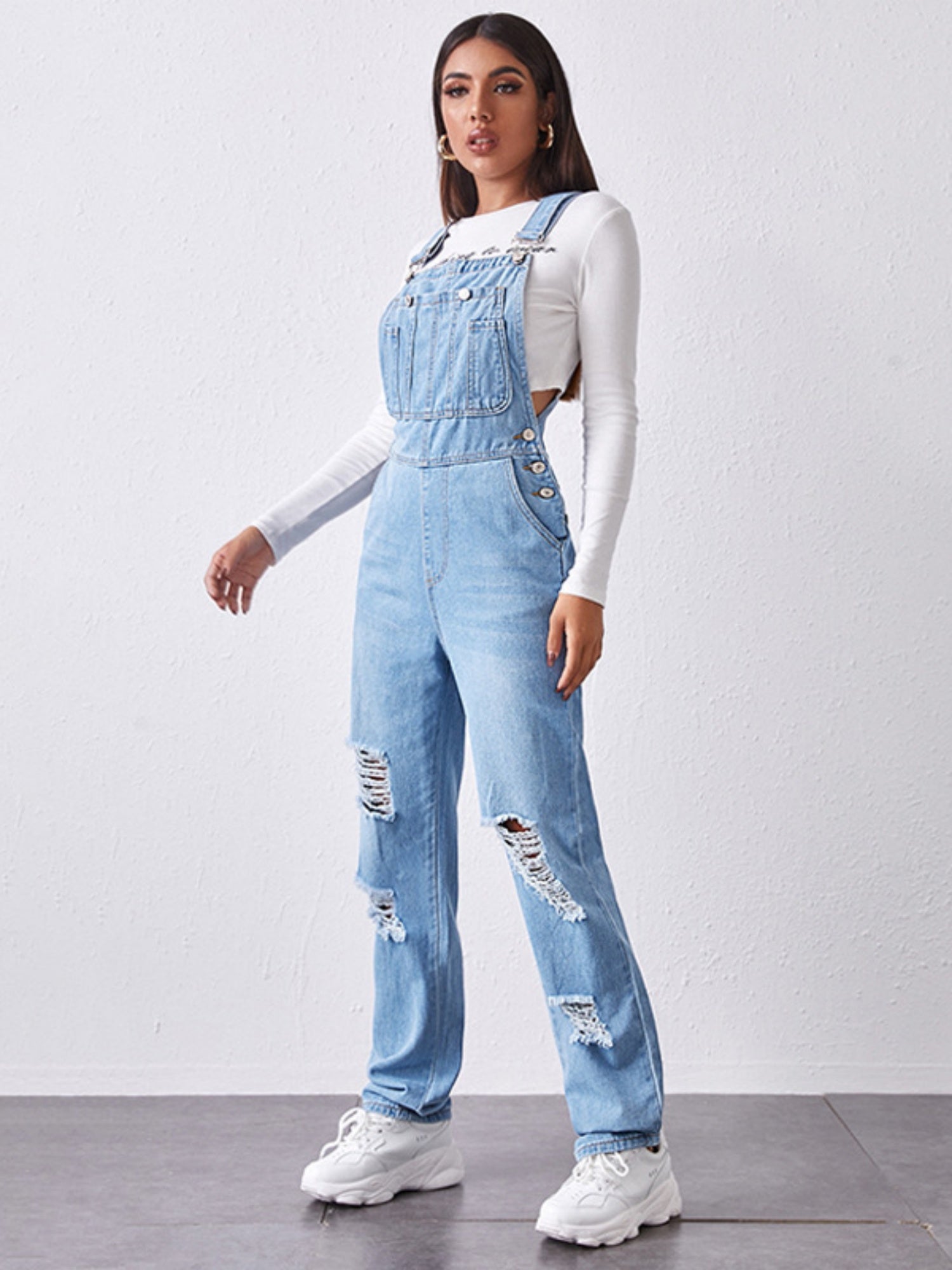 Hole Washed Pocket Denim Overalls