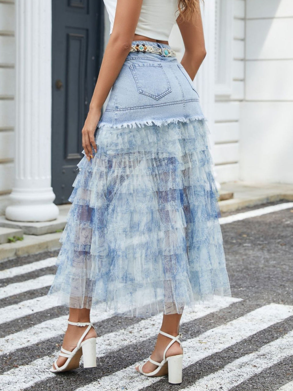 Denim Mesh Splicing Pocket Layering Skirts