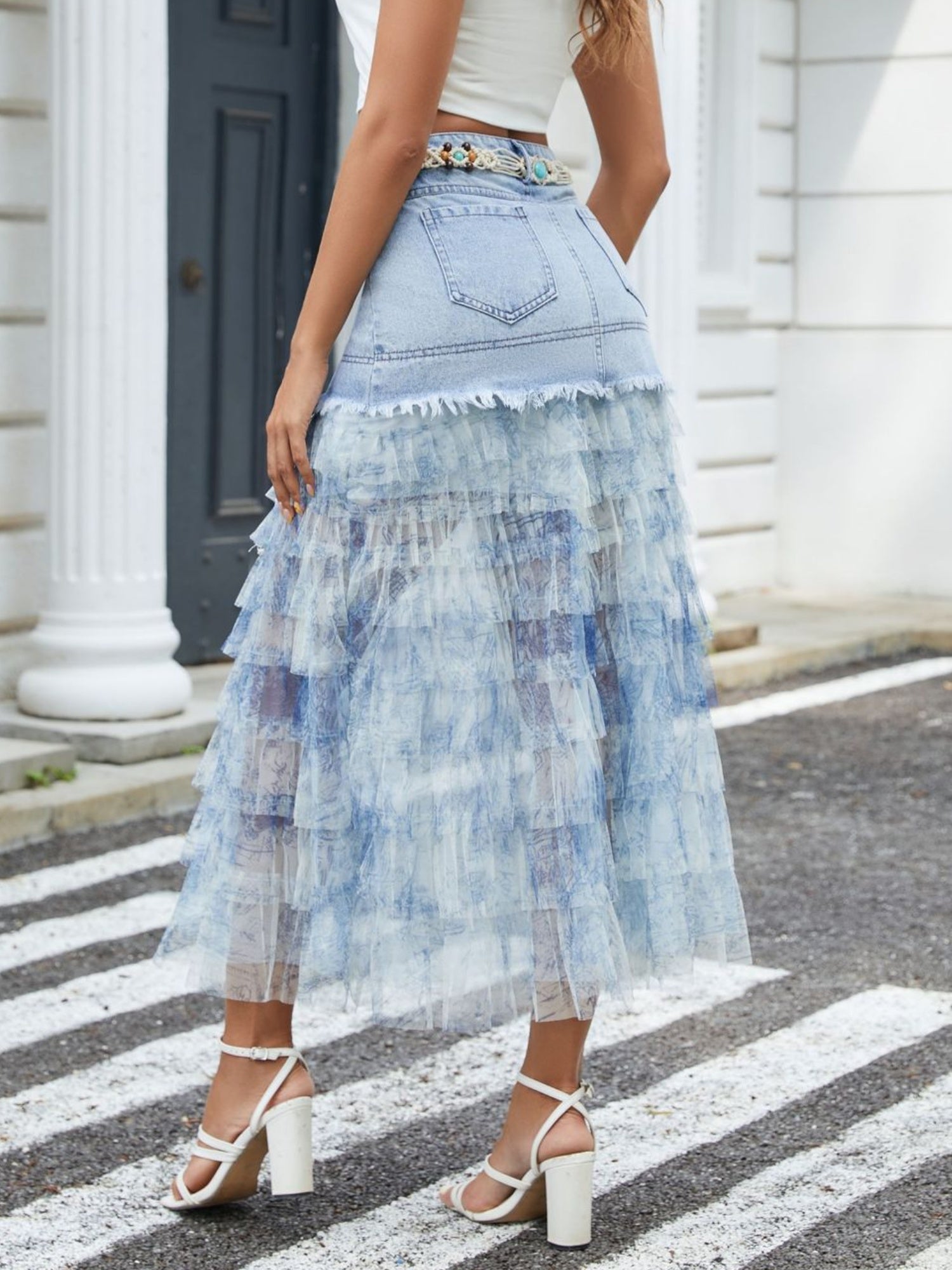 Denim Mesh Splicing Pocket Layering Skirts