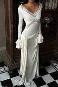 Lace Trim Deep V-Neck Criss Cross Bodice Ruffle Cuff Draped Panel Maxi Gown