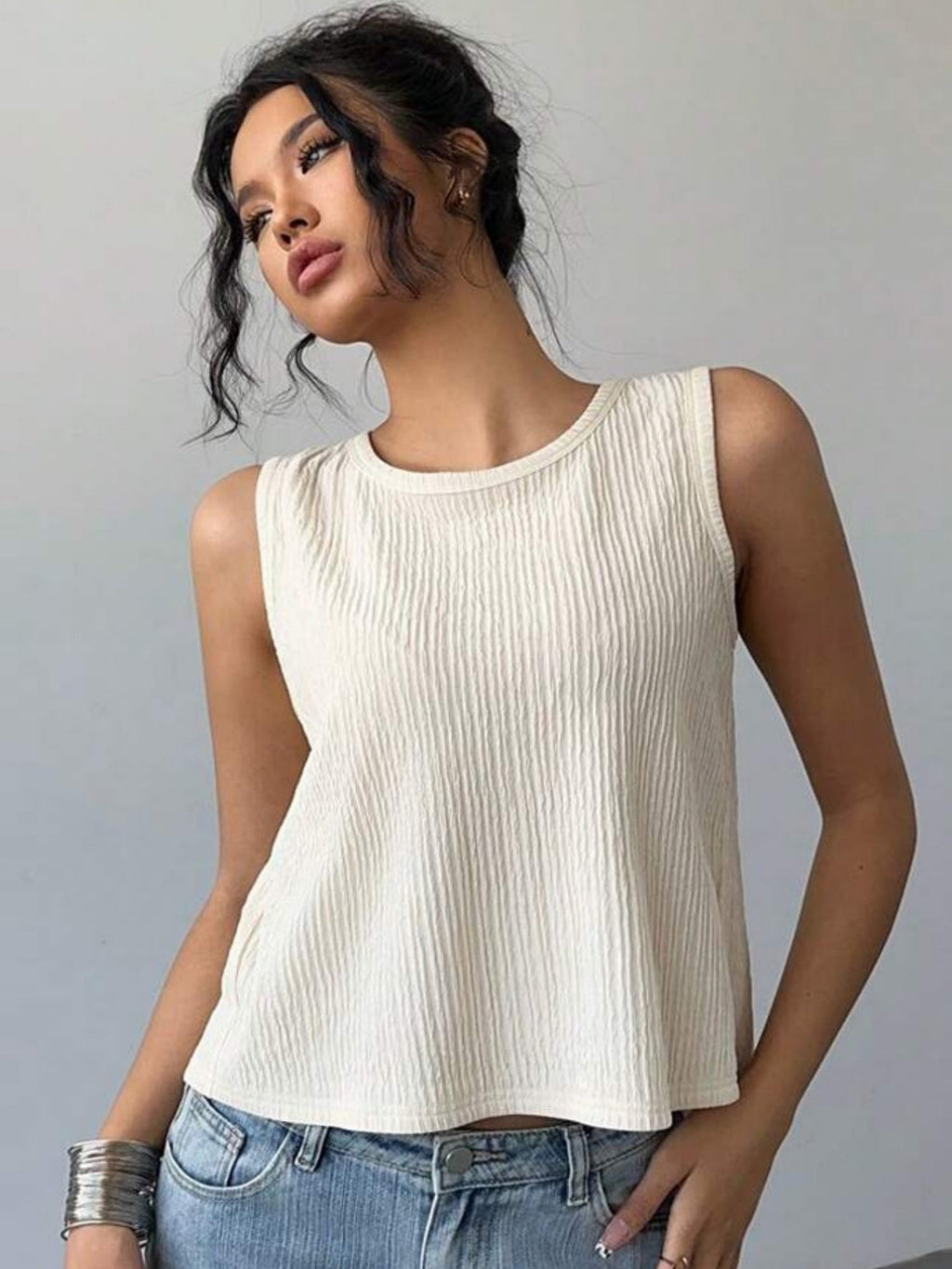 Bow Color-blocked Backless Round Neck Sleeveless Tank Tops