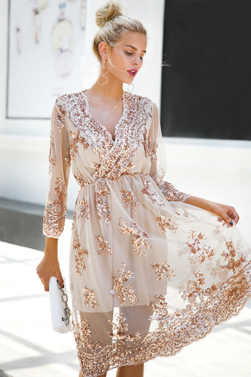 Floral Sequin Mesh Overlay Deep V-Neck Flutter Sleeve Midi Dress