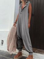 Button-up Hooded Sleeveless Jumpsuit