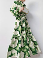Floral Print V-neck Lantern Sleeves Large Skirt Maxi Dresses