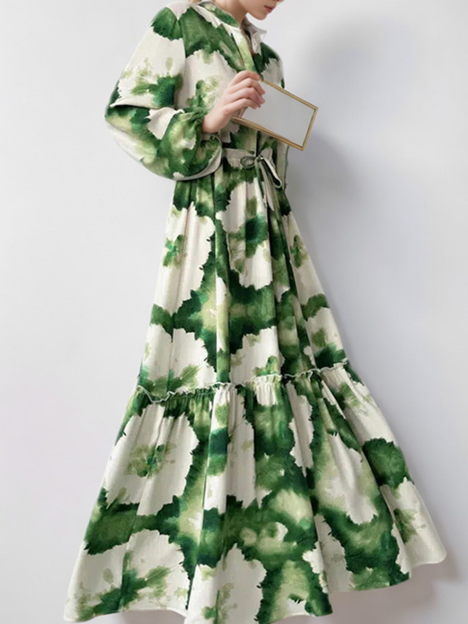 Floral Print V-neck Lantern Sleeves Large Skirt Maxi Dresses
