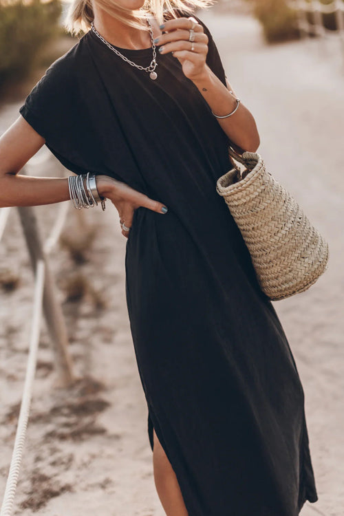 Crew Neck Short Sleeve Relaxed Side Slit Maxi T-Shirt Dress