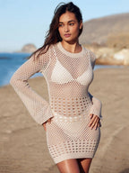 Hollow Knitting Hip-hugging Long Sleeve Sexy Cover Ups