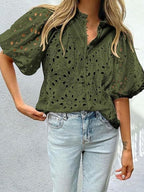 V-neck Buttons Hollow Lace Embroidery Shirts
