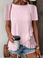 Jacquard Hollow Out Ruffle Crew Neck Short Sleeve T-shirts