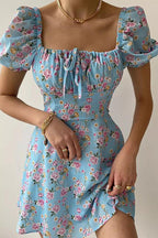 Square Neck Tie Front Puff Sleeve Ditsy Floral Milkmaid Mini Dress