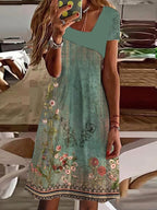 Asymmetric Lapel V-Neck Short Sleeve Floral Print Shift Mini Dress