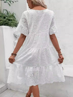 Hollow Out Embroidered Lace Crew Neck Short Sleeve Mini&Short Dresses
