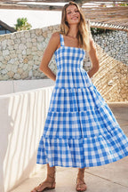Gingham Square Neck Smocked Wide Strap Tiered Babydoll Maxi Dress