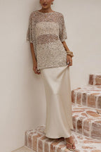 Crewneck Half Sleeves Crochet Hollow Out Sequin Top