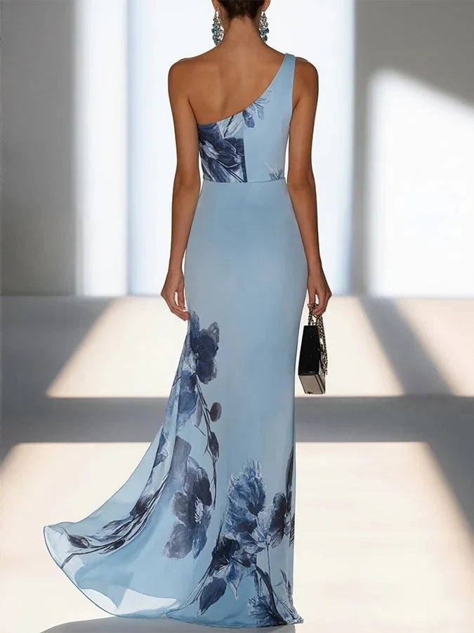 Blue Floral Print One-shoulder Long Dress