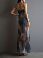 Printed Gradient Hip-hugging Mesh Camisoles Maxi Dresses
