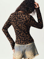Leopard Print V-Neck Long Sleeve Slim Fit Knit T-Shirt