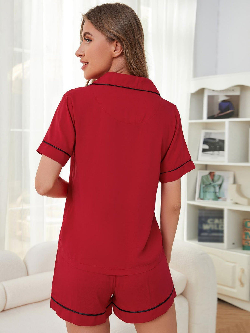 Solid Color Trim Short Sleeves And Shorts Two-piece Loungewear Set
