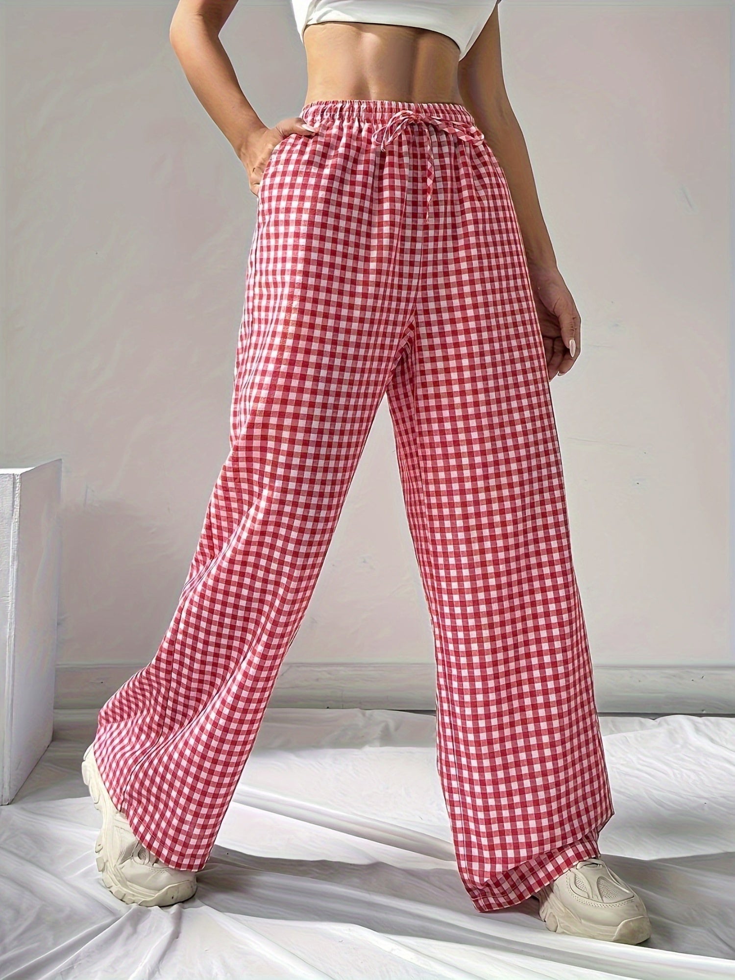 Plaid Lace Up Loose-fit Pants