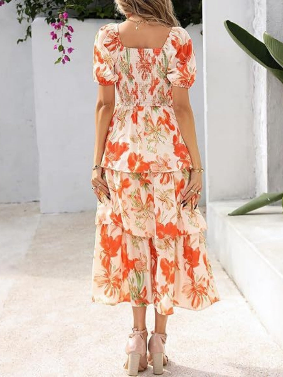Square Neck Short-sleeved Chiffon Long Dress With A Fitted Waist And Floral Print