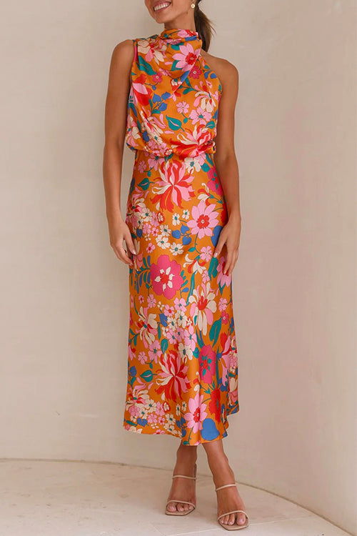 Tie Back Halter Sleeveless Waisted Maxi Floral Dress